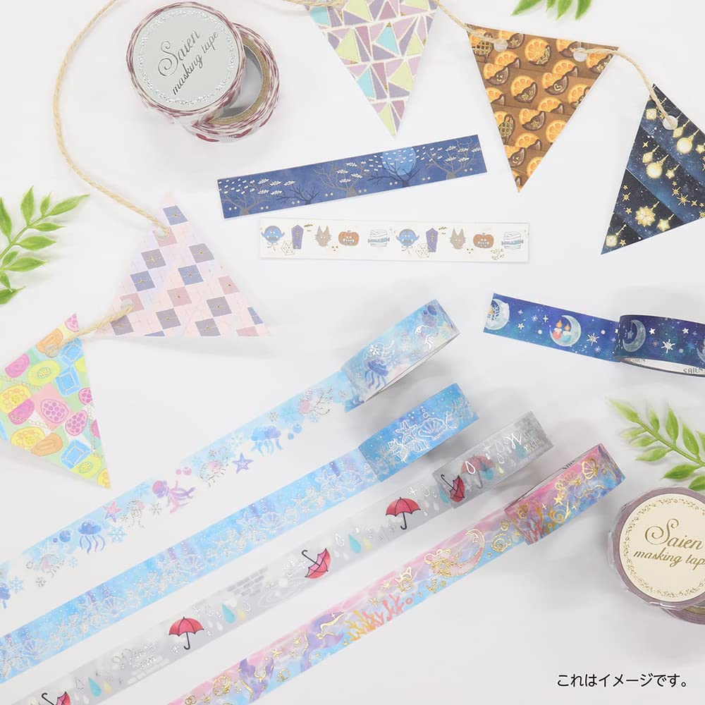 Kamiiso Sangyo Masking SAIEN Set Each of and Made In 15mm Wide X 3 Tape, Original, 3-Pattern (1 Mermaid, Jellyfish, Seashell), Japan, Approx. Rolls,