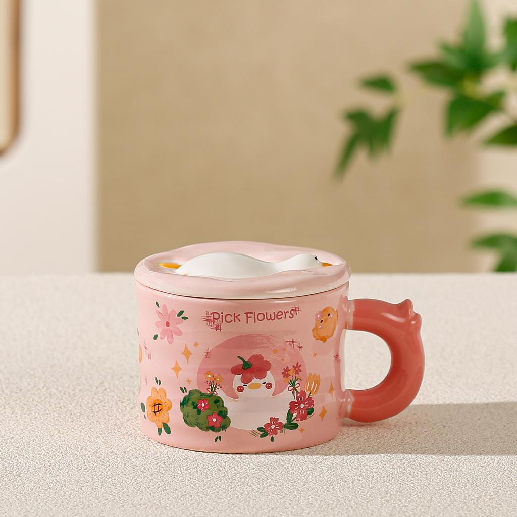 Papa Ente mit Deckel Tasse Niedliche Keramiktasse Paar Hoch aussehendes Mädchen Herz Geschenk Mädchen Wasserbecher