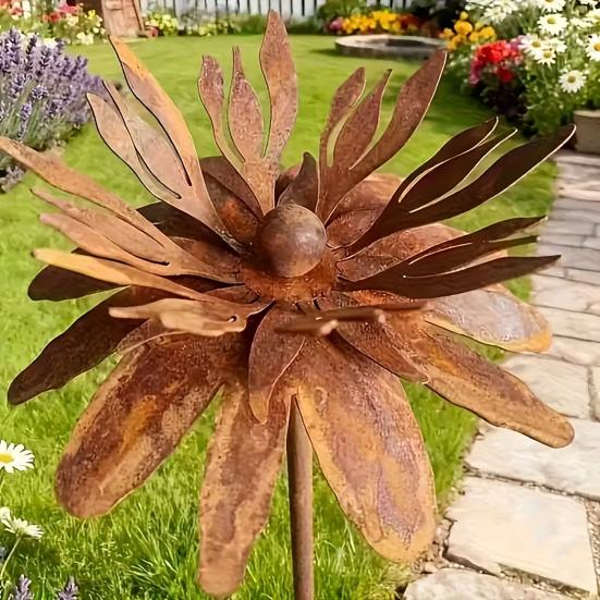 Rusty Outdoor Daisy Flower Metal Yard Stake, Rusted Iron Art Flower Garden Decoration, Weather-Resistant Garden Ornament for Lawn, Pathway, Patio, or