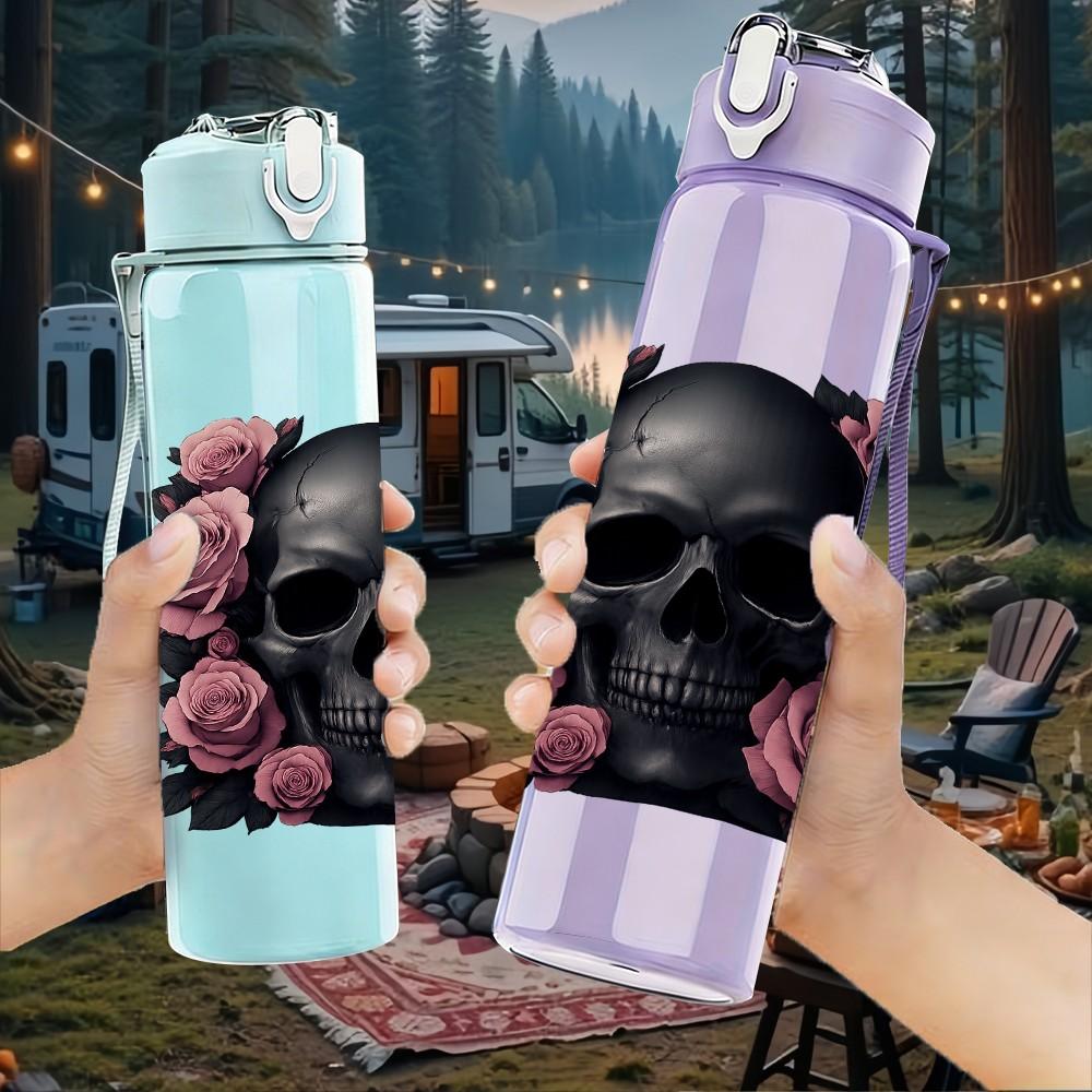 1PC Black Skull Pink Rose Floral Print 750ml Color Plastic Sports Water Bottle Leakproof Flip Straw Lid Suitable for Sports Office Home Use