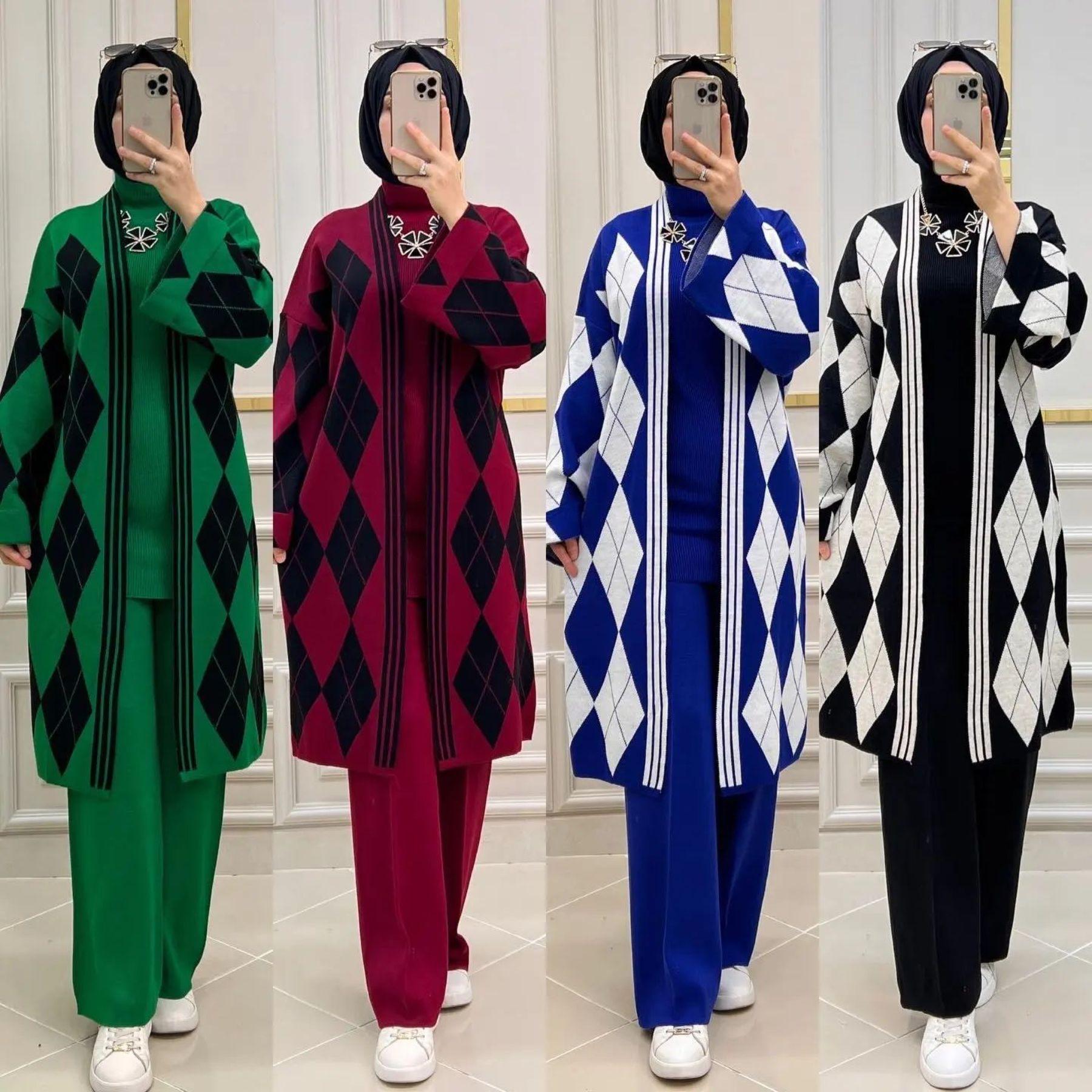 

Женский трикотажный зимний костюм-тройка Узорчатый кардиган, водолазка и брюки с эластичной резинкой на талии Тройной зимний костюм