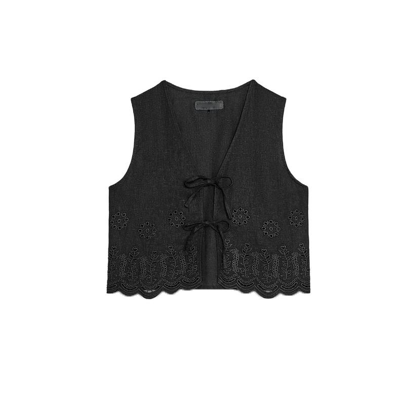 Summer Women's Linen Blend Bows Lace-up Cutout Embroidered V-neck Sleeveless Vest Waistcoat 6318044