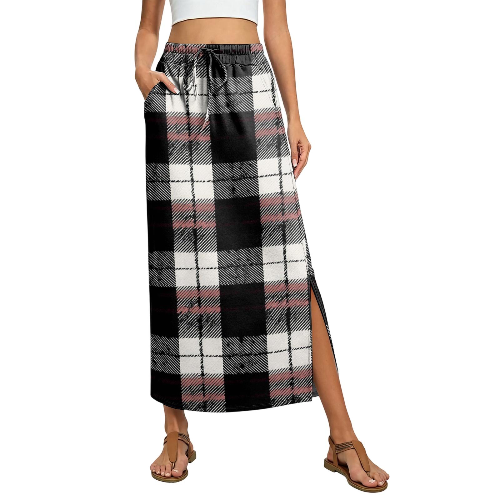 

Ladies plaid elastic waistband drawstring pocket skirt XL білий