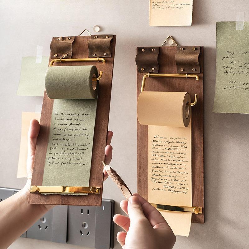 Vintage Hanging Memo Clipboard, Roll Paper Blank Memo Pad, Wooden Message Board for Notes & Reminders Non-pasteable