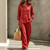 Womens Casual V-Neck Button-Up Lantern Sleeve Top Wide-Leg Pants 2-Piece Set Cotton Linen Blend