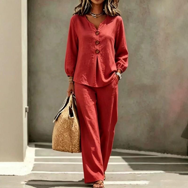 Womens Casual V-Neck Button-Up Lantern Sleeve Top Wide-Leg Pants 2-Piece Set Cotton Linen Blend