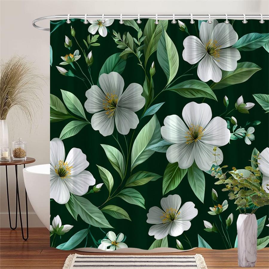 

1 White Floral Green Shower Curtain - Five petal flowers on dark green background with yellow center Polyester, Machine washable 90X180cm