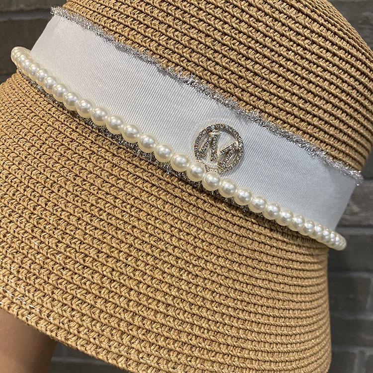 Pearl rhinestone M standard straw hat female summer seaside socialite hat face covering bucket hat sun protection beach hat