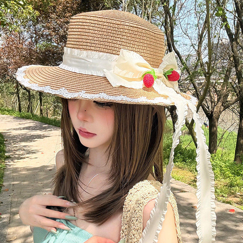 

Women s Straw Sun Hat Summer Wide Brim Hat with Lace Trim and Strawberry Bow Breathable Beach Hat for Travel 56-58cm