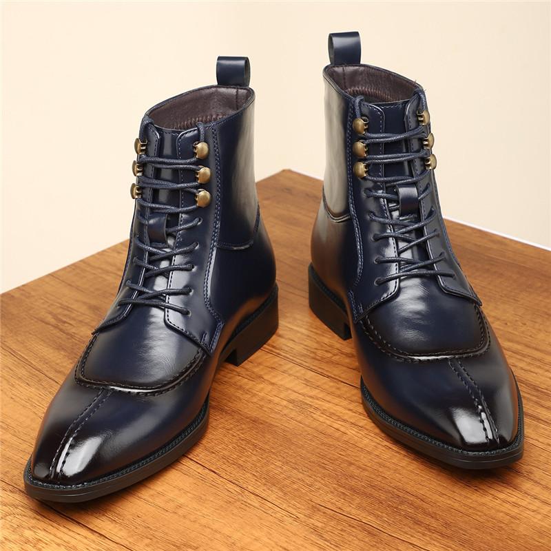 New Luxury Designer Fashionable Lace Up Pointed Patent Leather Ankle Boots For Men's High Tops For Men Flats All Match Shoes