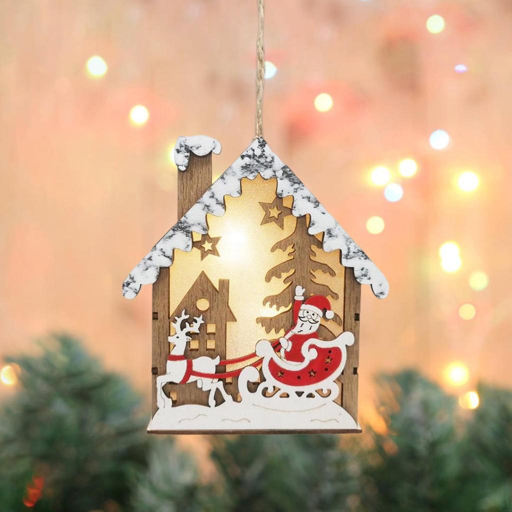 Christmas Hanging Decoration Lighted Wooden House Xmas Ornaments Home Decor