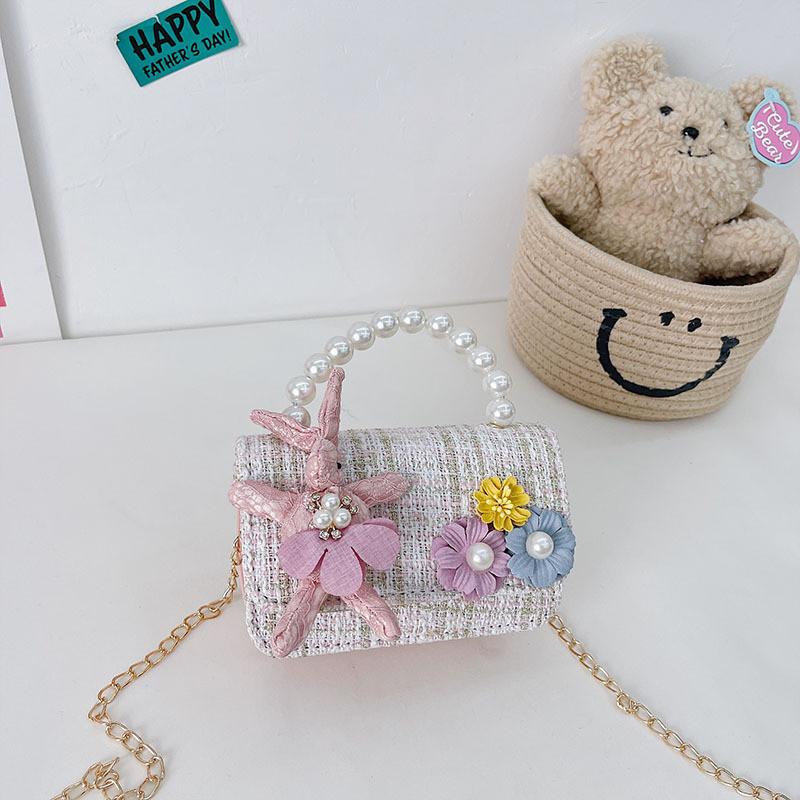 Fashionable Kids Bowknot Pearl Handbag Cozy Cotton Linen Touch Perfect For Young Princesses Bunny WhiteCheck