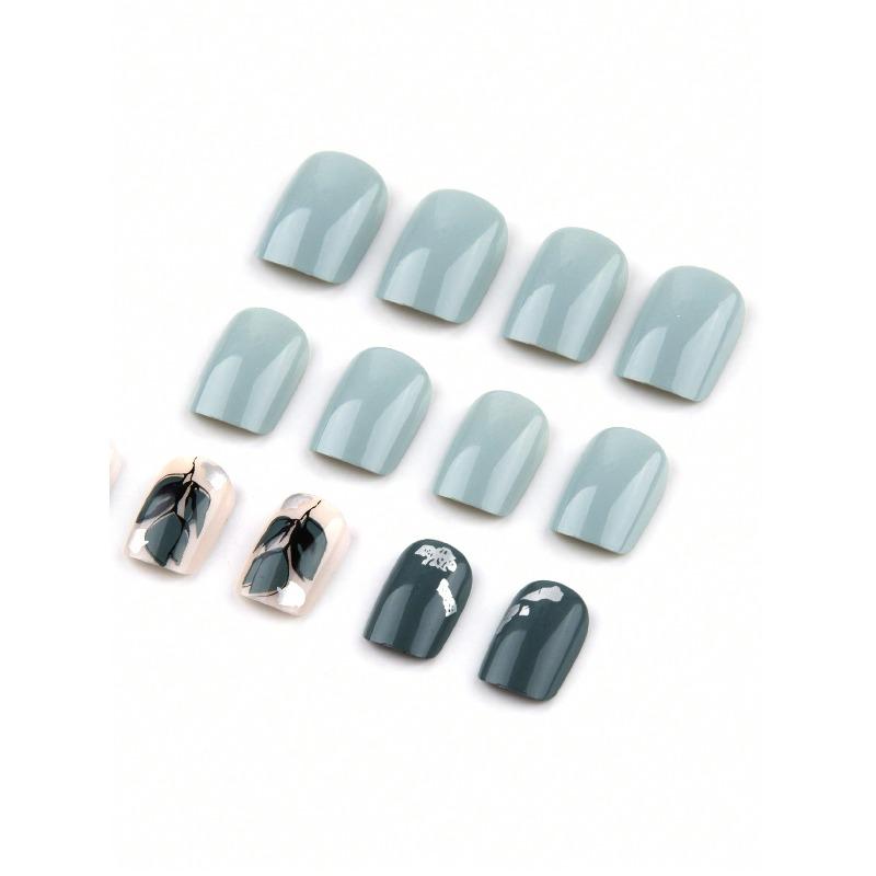 24pcs Square Fake Nails With Fresh Elegant Dark Green Leaf Gold Foil Morandi Style Design Press On Nails Nail Art Supplies