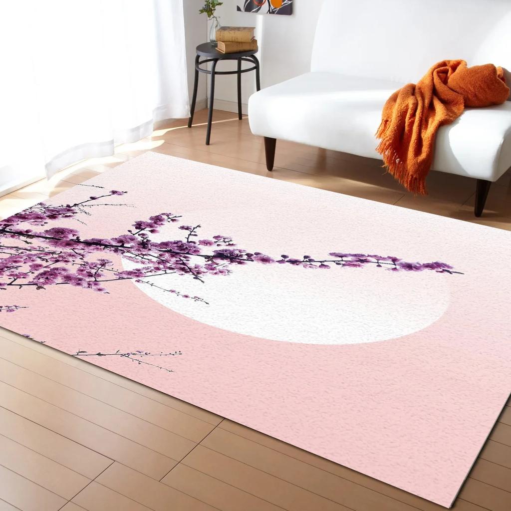 Pink Cherry Blossom Rug Romantic Floral Spring Carpet Non Slip Floor Mat for Girl's Bedroom, Bedside Living Room