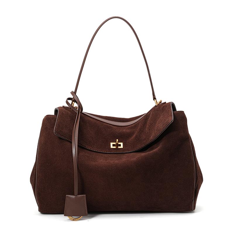 Ekte Dobbeltlags Lær Skulderveske for Kvinner - Brun Semsket Håndveske med Gullbeslag, Klassisk Tote for Daglig Bruk & Arbeid
