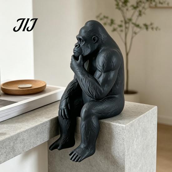 Decorative Shelf Sitting Statue 3D Printed Thinking Gorilla Figurine, Mini Thinker Statue, Playful Desk Study Accessory Modern Minimalist Sculpture
