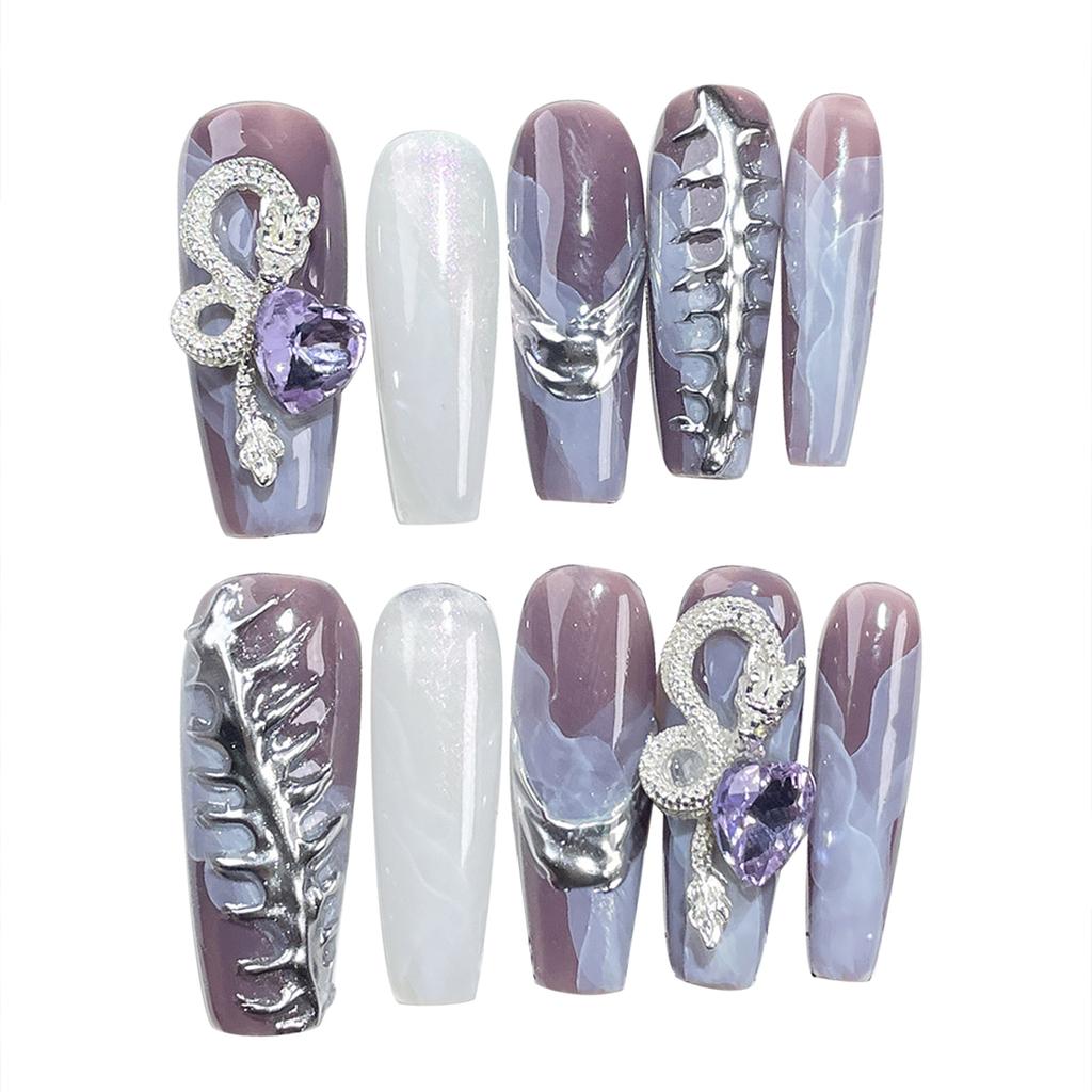 318 Watercolor Gradient Magic Mirror Powder 3D Effect Dragon Year Long Fake Nail Tips 10 Pieces Per Bag