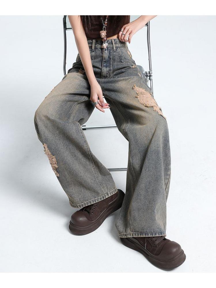 Big Size Broken Hole Wide Leg Denim Trousers Women Autumn Design Sense High Waist Hundred Versatile Loose Straight Trousers Long Denim Pants