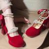 2026 New Little Mary Jane High Heels Temperament Block Heel High-end Pearl Platform Wedding Shoes
