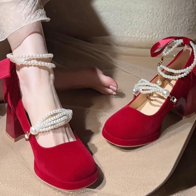 2026 New Little Mary Jane High Heels Temperament Block Heel High-end Pearl Platform Wedding Shoes