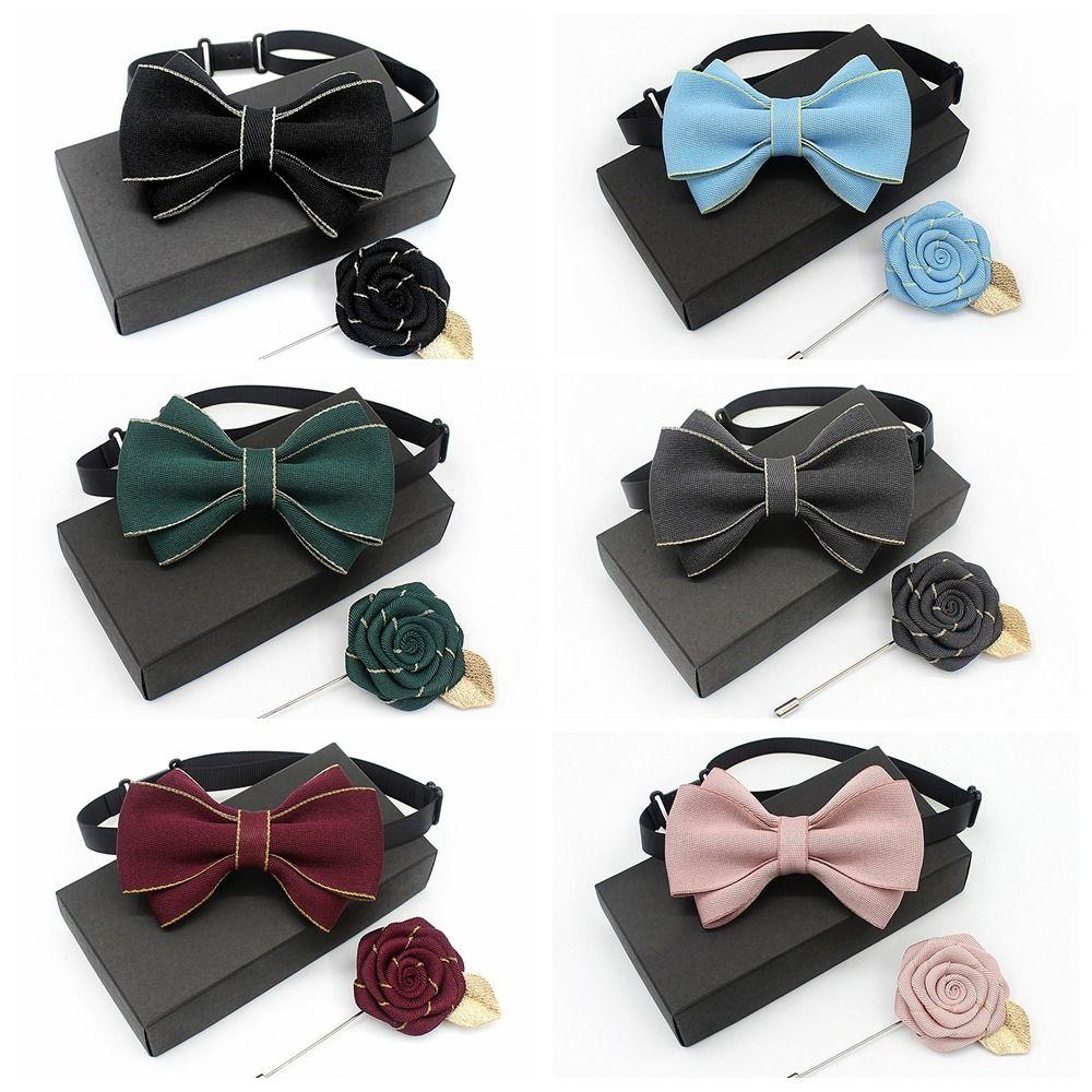 Polyester Neck Collar Adjustable Ribbon Bowtie Fashion Bow Tie Brooches Set  Business