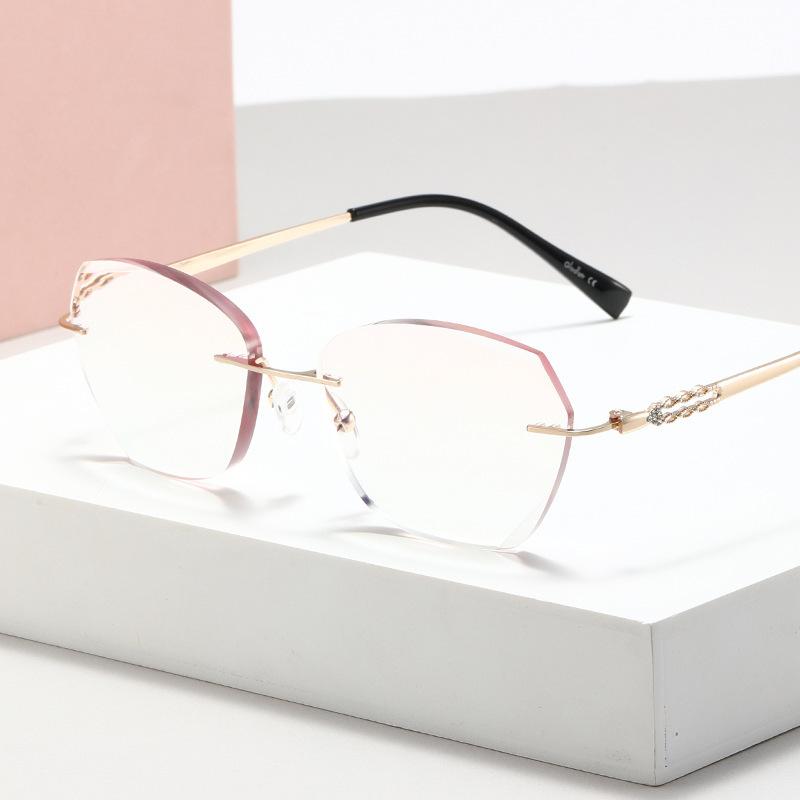 Gold Silk Diamond Trimmed Rimless Reading Glasses Women'S Gold Pure Desire Point Diamond High Definition Anti-Blue Reading Glasses