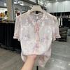 Women's Summer Floral Print Short-Sleeve Chiffon Blouse Loose-Fit Slimming Bubble Sleeve Top