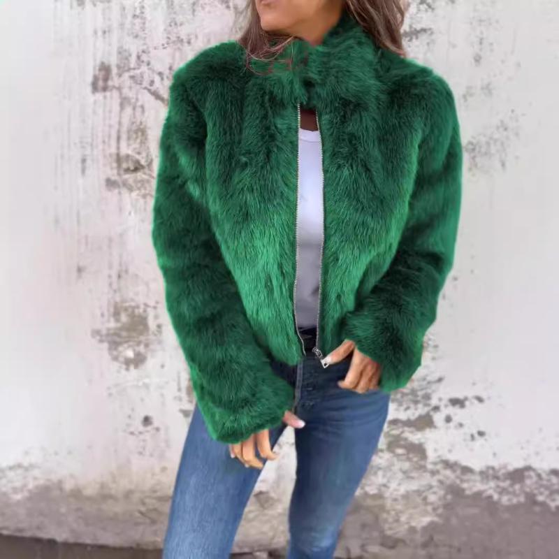Autumn and Winter Women's Faux Fur High Neck Zipper Casual Top Jacket
