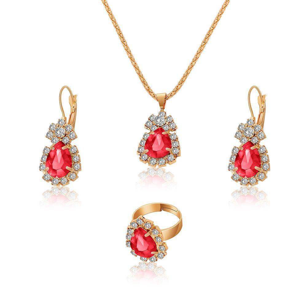 Wholesale Bridal Jewelry Set Ins Water Drop Rhinestone Necklace Earrings Ring Set