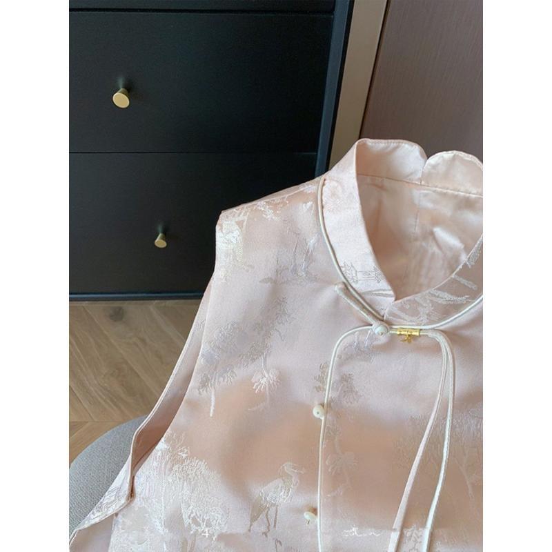 Vest satin jacquard vest women's early spring high-end sense antique style disc-buckled fringed vest sleeveless women's top