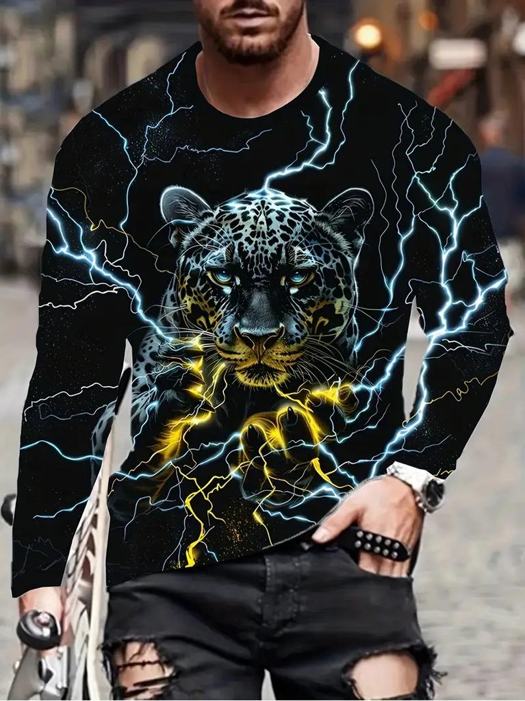 T-shirt a maniche lunghe da uomo Autunno Nuovo Stampa 3d Grafica Animale Leopardo T-shirt Primavera Casual Hip Hop Top Uomo Abbigliamento Oversize