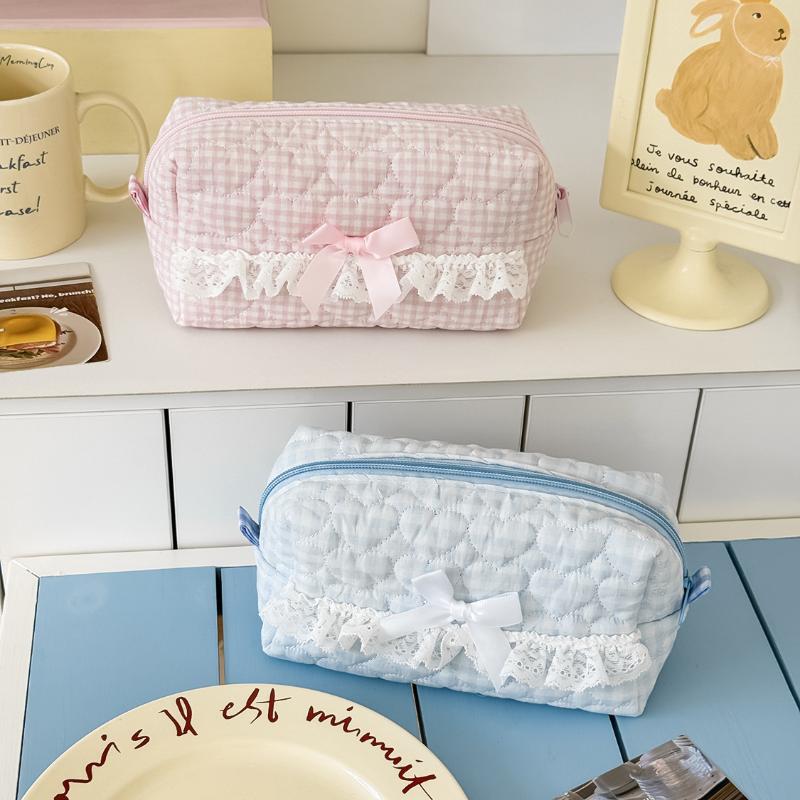 Rosa och Blårutat Spets Pennfodral Sött Vadderat Design Stor Kapacitet Pappersvaror Organizer För Skola Kontorsmaterial Förvaring