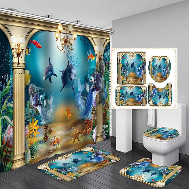 Dolphin 3D Digital Printing Shower Curtain Shower Curtain Dolphin Non-Slip Mat Four-Piece Set