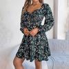 Floral Long Sleeve A Line Dress for Women High Waist V Neck Summer Spring Long Dress Pleated Elegant