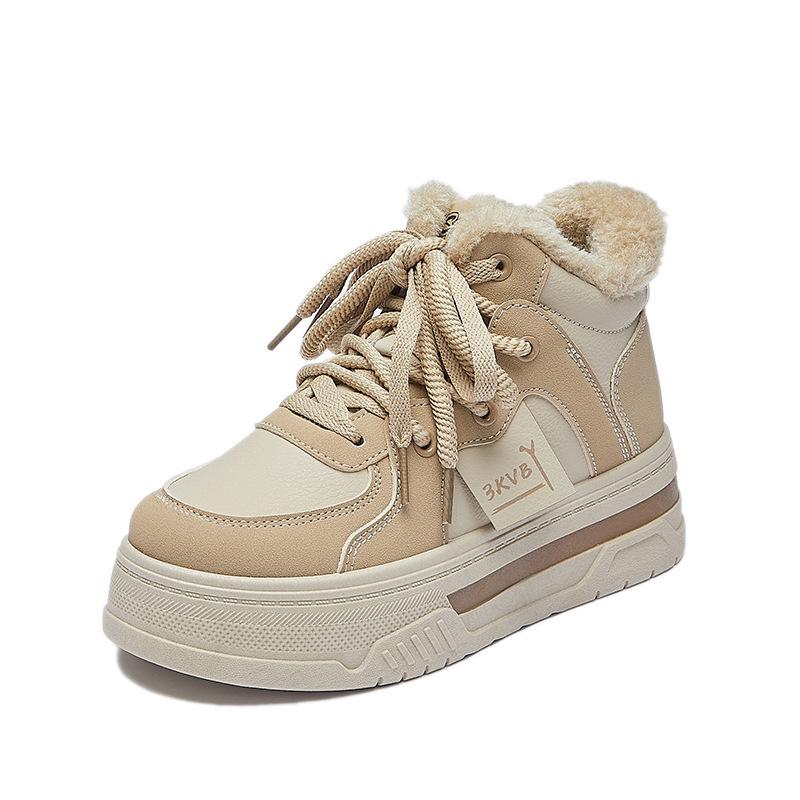 2025 Women's Korean Style Fleece-Lined White Sneakers - Thick-Soled Winter Sports Shoes M019