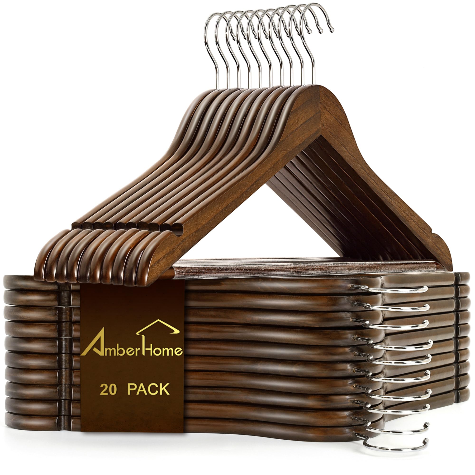 

Amber Home Wooden Hangers with Trouser Rotating Design for and Prevents Wrinkling and Shape Bar, Hook, Non-Slip Grip, Space-Saving Clothes, Suits,