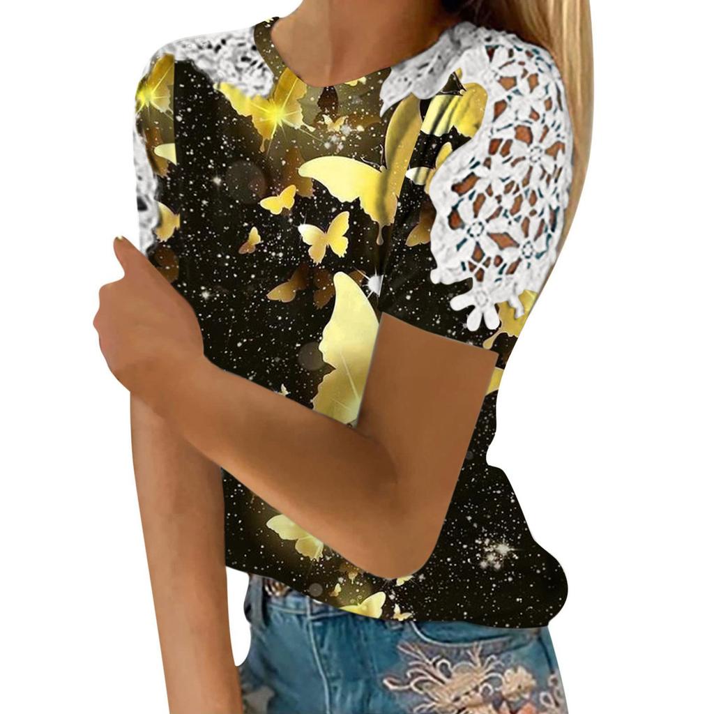 Women's Fashion Lace Hollow Print Round Neck Short Sleeve T-shirt Top