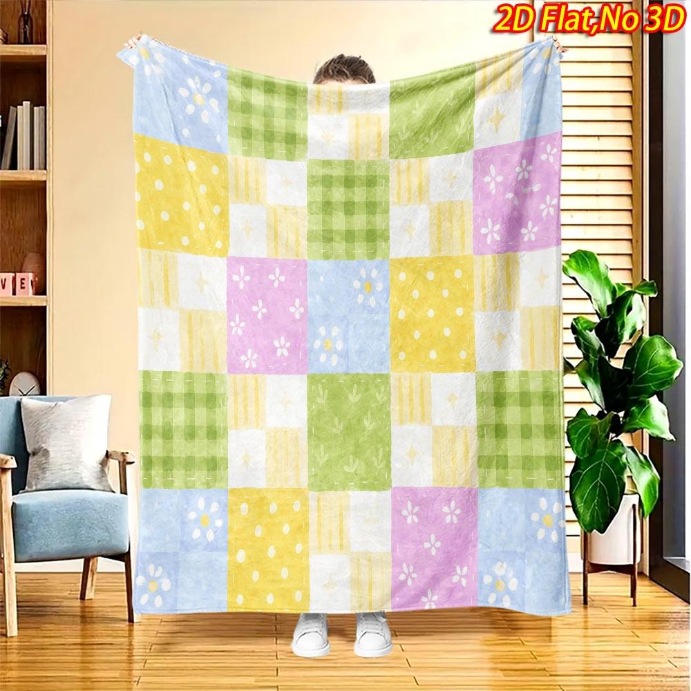 1pc 2D Flat Printing Spring And Summer New Arrival Fresh Floral Checkered Pattern Digital Print Blanket, All-Season Use, Casual Throw, 100% Polyester