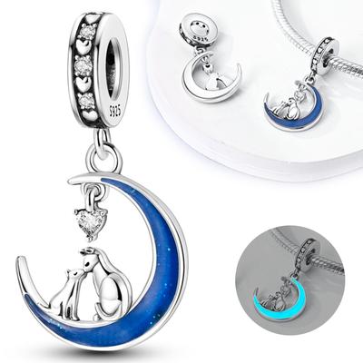 Charms Copper Plated Dreamy Luminous Blue Moon Cat Pendants Fit Original Bracelet Beads Women Jewellery Making Diy