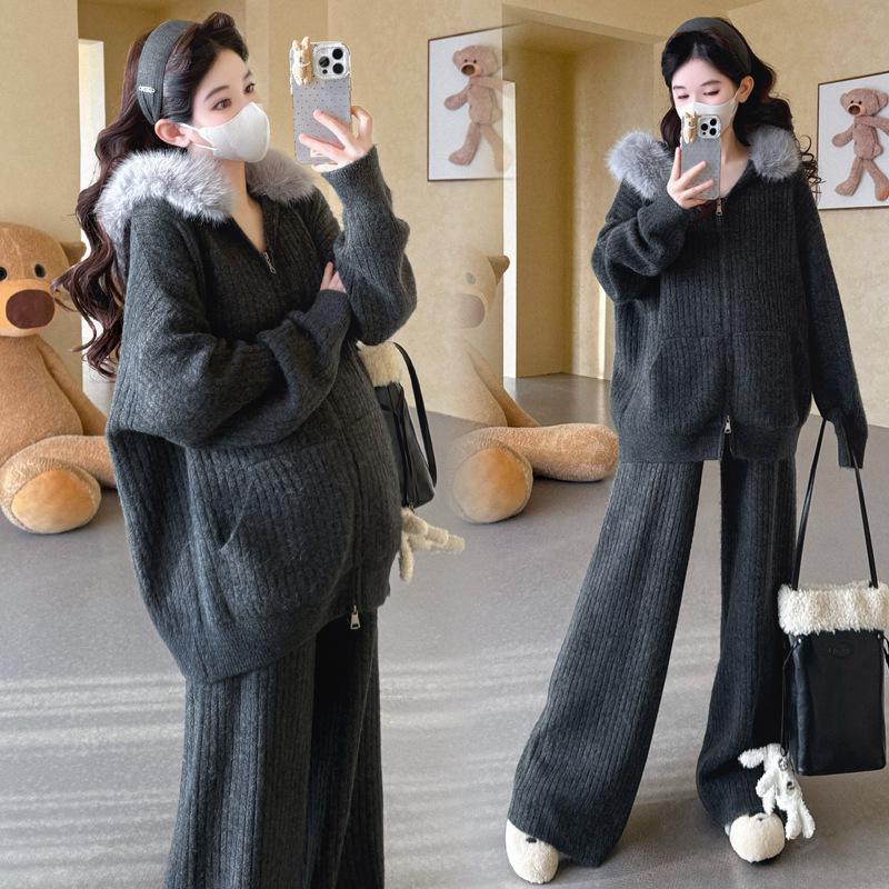 Autumn/Winter Ribbed Zipper Hoodie & Wide-Leg Pants Maternity Set