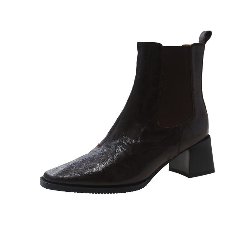 Women Boots Autumn Casual Leather Shoes Woman Fashion Square Toe Chunky Heel Shoes Slip-On Modern Boots Handmade Short Boots