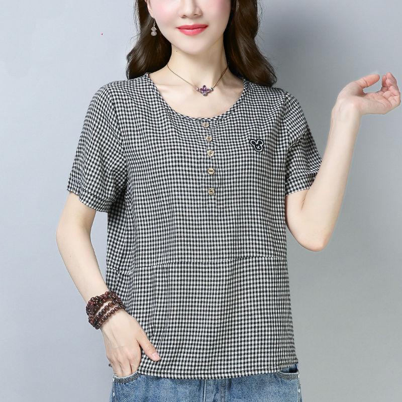 Plaid T-shirt women's summer short-sleeved new loose large-size cotton bottoming shirt top