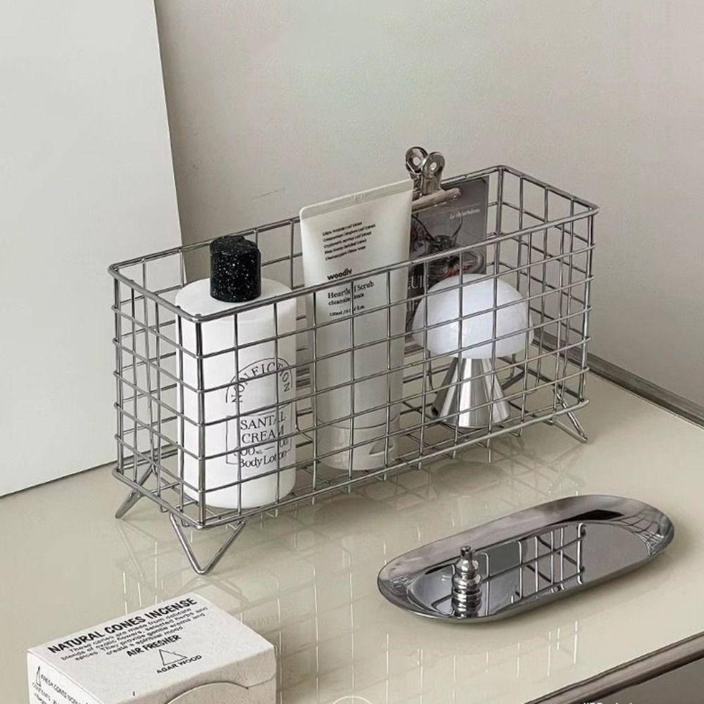 Simple Iron Art Desktop Storage Basket Mesh Rectangular Cosmetic Organizer Universal Large Capacity Storage Case Office Desktop