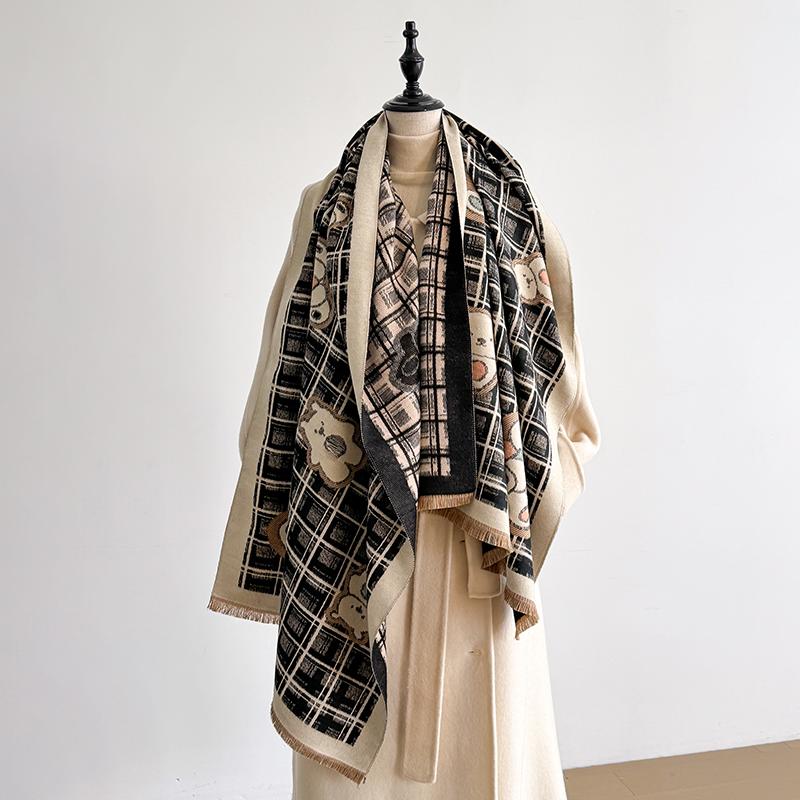 Luxury Designer Women S Winter Blanket Scarf Shawl - Warm Teddy Bear & Plaid Pashmina Print Large Wrap Imitation Cashmere