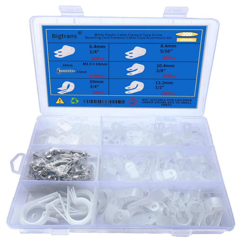 Bigtrans 300 Pcs Nylon Plastic R-Type Wire Clips with Screws 1/4" 5/16" 3/8" 1/2" 3/4" Clamps Fasteners Assortment for Cable