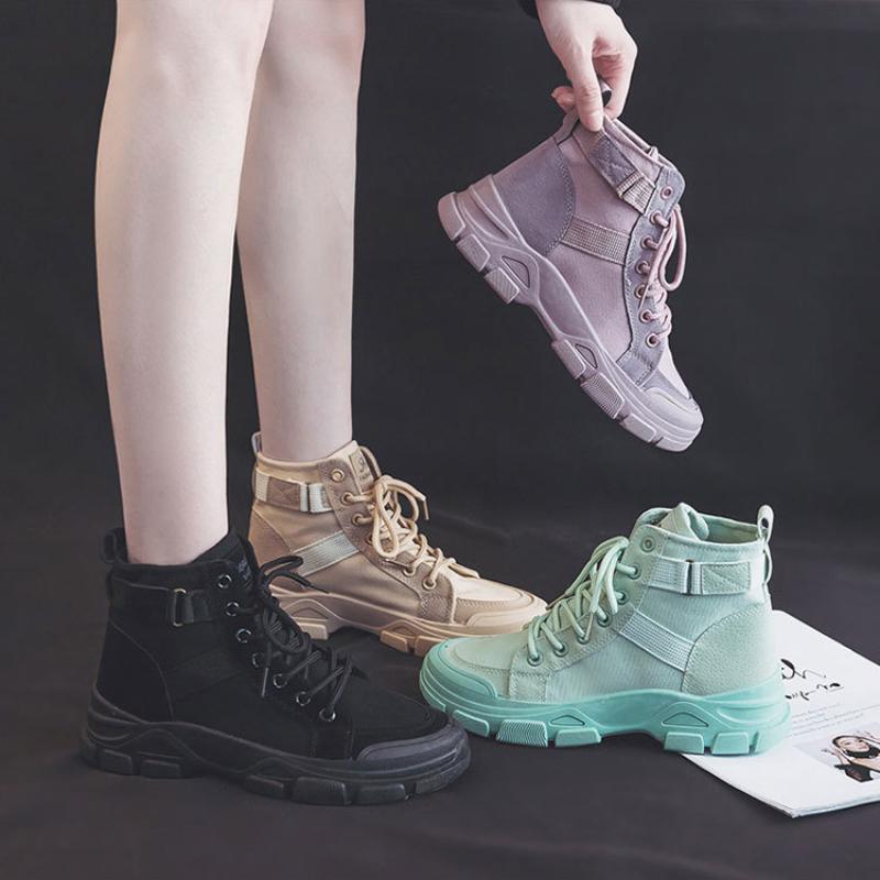 New Women Boots British Style Women Ankle Boots Lace-Up Platform Motorcycle Boots designer Fashion High-Top Women's Canvas Shoes