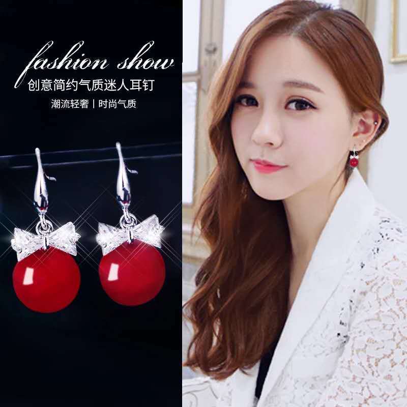 911 Silver Red Pearl Stud Earrings Celebrity Luxury Bow Zircon Versatile Internet celebrity hipster earrings