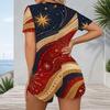 Women Plus Size White V Neck Short Sleeve Button Front Printed Romper