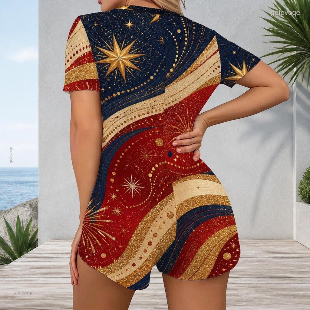 Women Plus Size White V Neck Short Sleeve Button Front Printed Romper