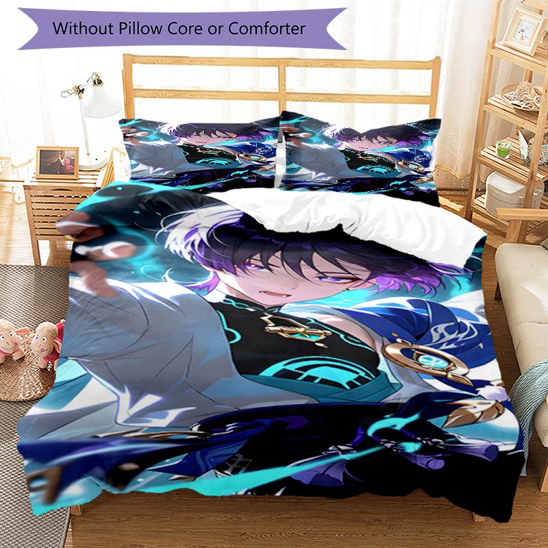 3pcs Genshin Impact Wanderer1 Design Cover Set - HD Printed Bedding with 1 Cover and 2 Pillowcases - Perfect for Home and Dorm Decor
